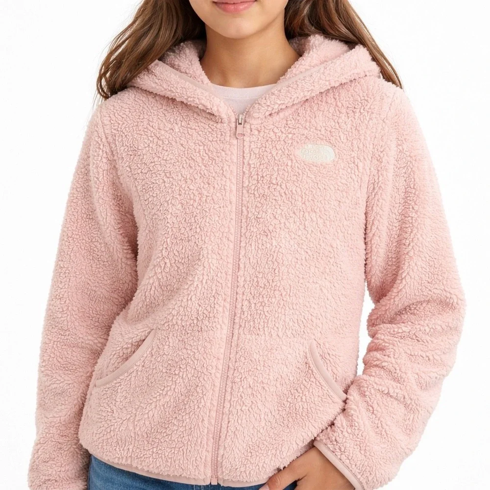 The North Face Girls Pink Oso Hooded Fuzzy Fleece Jacket Full Zip Size L 14/16